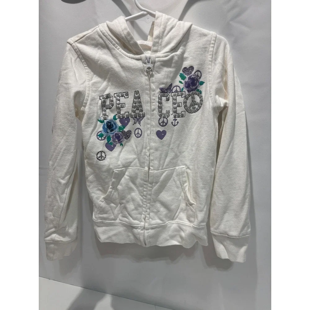 The Children's Place Hoodie Kids Size S 5/6 White Peace Floral Studded Zip Up